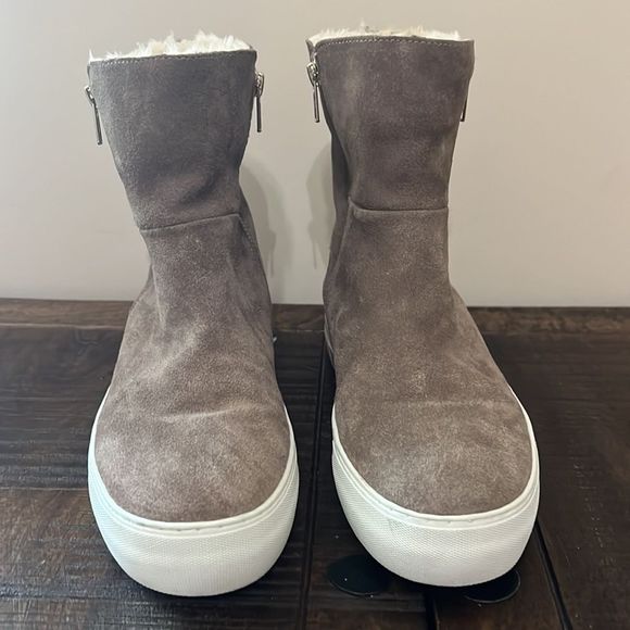 J Slides Womens Tristan Tan Leather Platform Sneaker Booties Faux Fur Size 8.5 - Picture 5 of 11